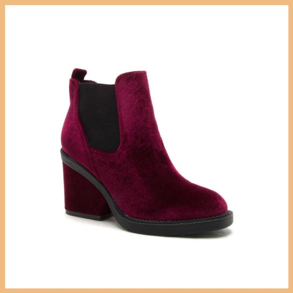 NWT Velvet Chunky Heel Ankle Bootie (Burgundy) - Picture 5 of 7